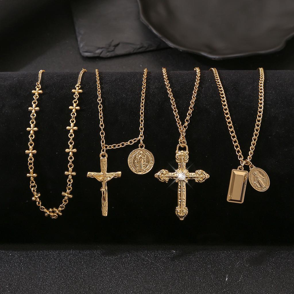 Popular multi-layer stacked cross necklace women's retro diamond-encrusted collarbone chain style decoration