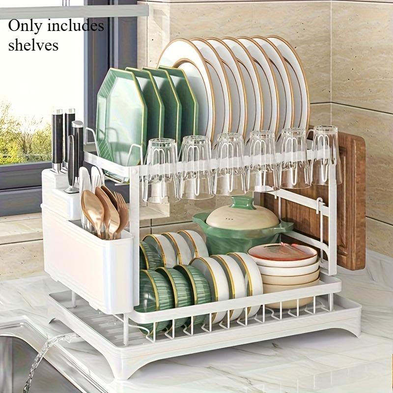 

A Double-Layer Carbon Steel Dish Rack with a Draining Board, Cutlery Holder, And Cup Hooks - Designed for Space-Saving белый