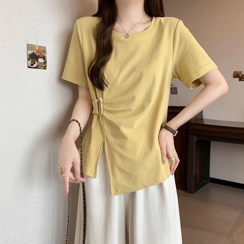 

Женская летняя футболка с коротким рукавом и открытыми плечами, новая, большого размера, для полных, с дизайнерским шиком, нерегулярная, скрывающая живот, тонкий топ M жёлтый