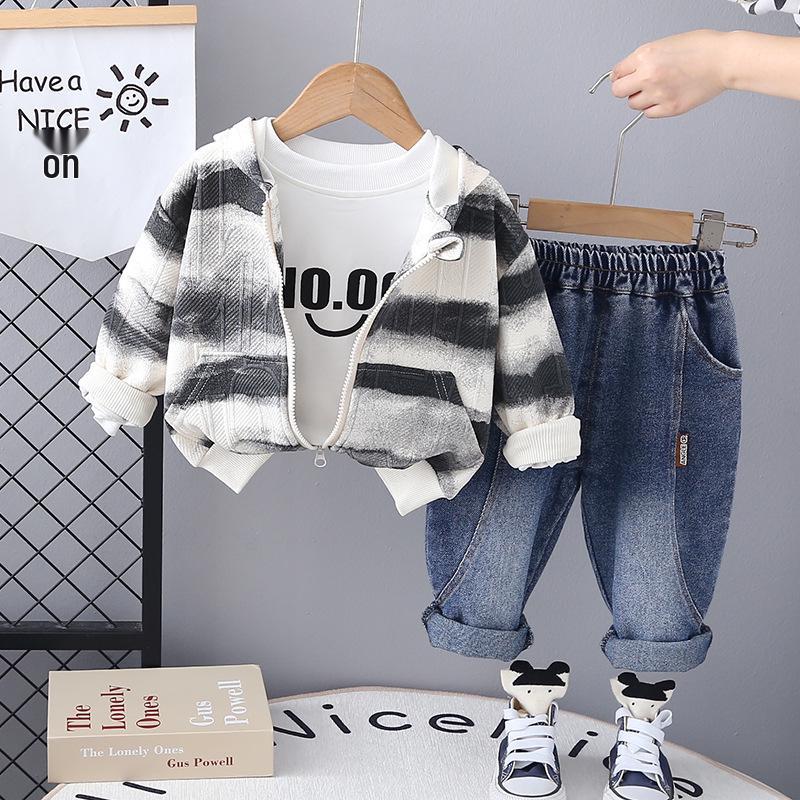 

Весенний кардиган тай-дай и джинсы, комплект из трех предметов с надписями, 2025 120cm серый