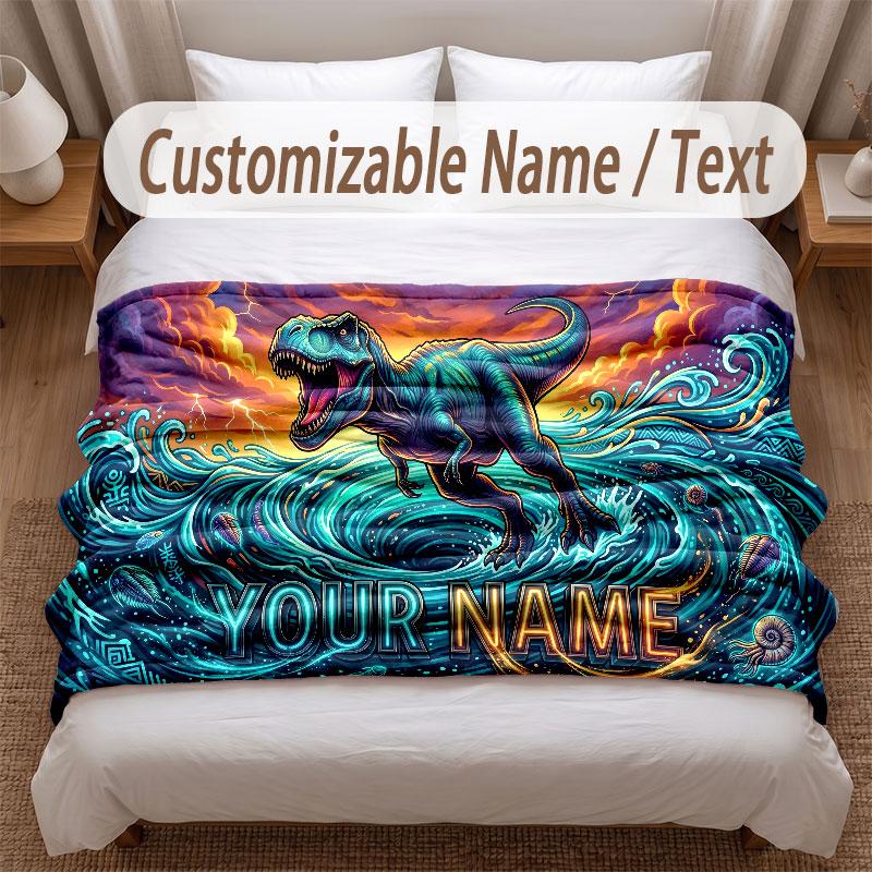 Dinosaur Theme Soft Blanket Personalized Custom Name Text Print Warm Blanket Home Sofa Bedroom Decor
