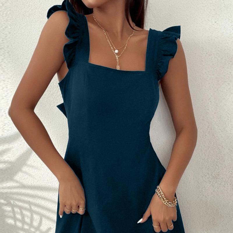 JKASHDK Damenmode Frühling Sommer einfarbiger Druck ärmellos quadratischer Kragen mittlere Taille Freizeitkleider