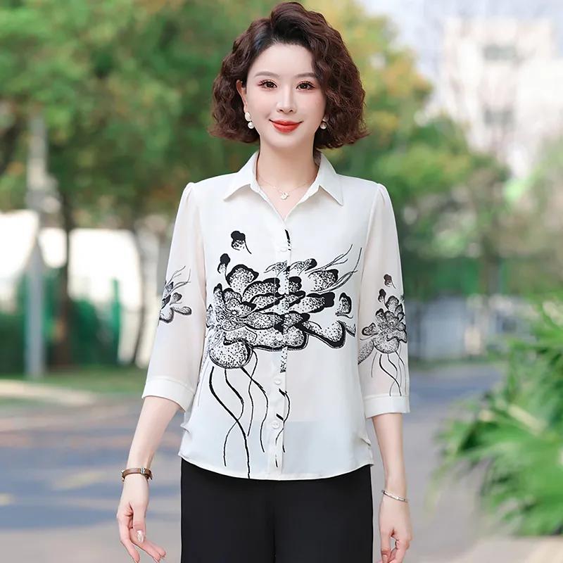 Women's White Blouse Half Sleeve Collared Black Floral Pattern Sheer Casual Top