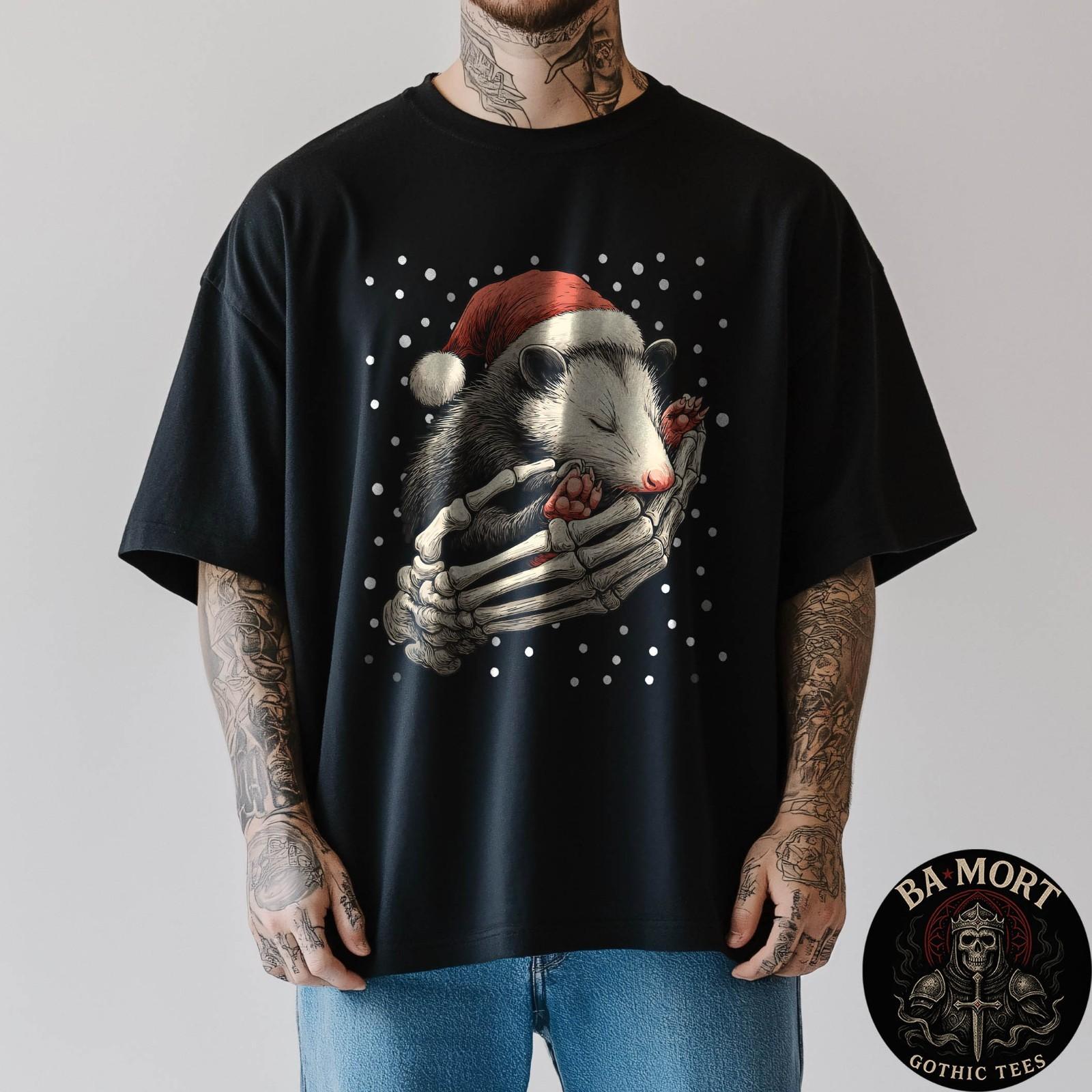 Christmas Opossum Santa Hat Skeleton Hand Gothic Animal T-Shirt Unisex T-Shirt S