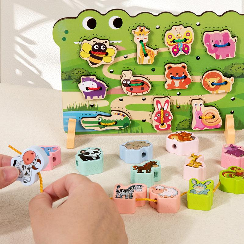Children'S Wooden Early Education Cartoon Threading Board Animal Beaded Two-In-One Pairing Educational Cute Fun Toy