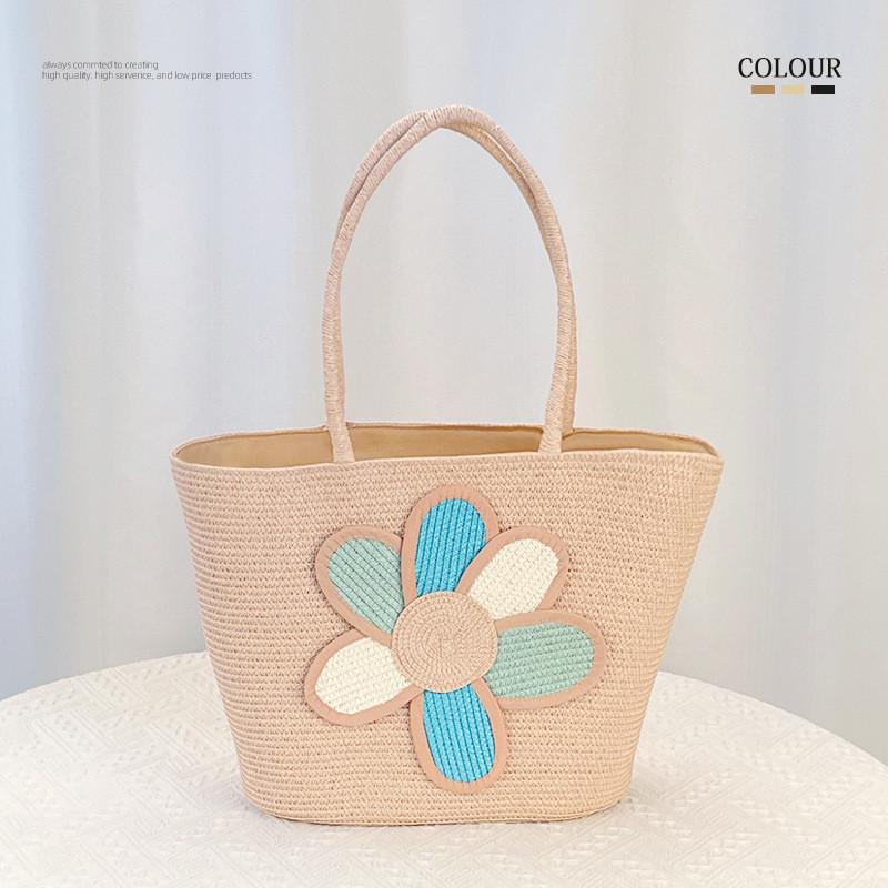 Simple Flower Color Blocked Pattern Women Large Capacity Woven Tote Bag For Summer Casual Use