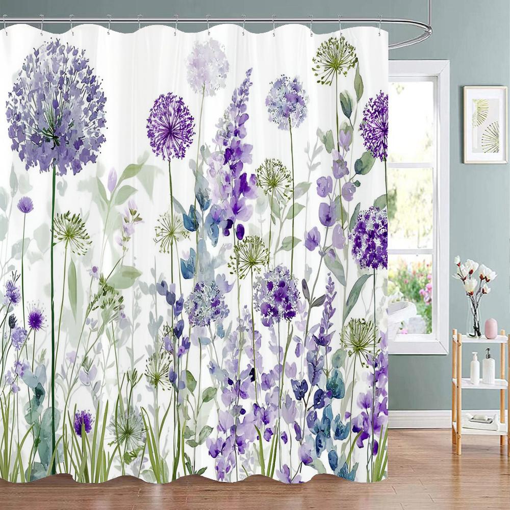 1pc Plant Purple Floral Shower Curtain, Bathroom Decorative Shower Curtain, Printed Polyester Fabric Shower Curtain with Hooks