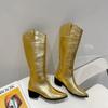 Fashion 2025 New Women's Boots Gold/silver Leather Thick Heel V Mouth Pointed Toe Knee High Boots Fashion Western Cowboy Knight Boots