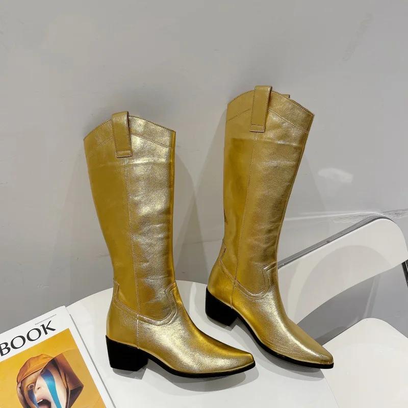 Fashion 2025 New Women's Boots Gold/silver Leather Thick Heel V Mouth Pointed Toe Knee High Boots Fashion Western Cowboy Knight Boots