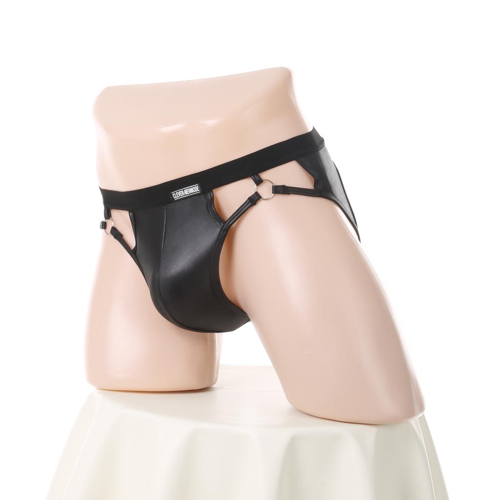 Buttocks Briefs Men Sexy Underwear Man Jockstrap Bulge Pouch PU Faux Leather Anal Underpants Jock Strap Metal Ring Black