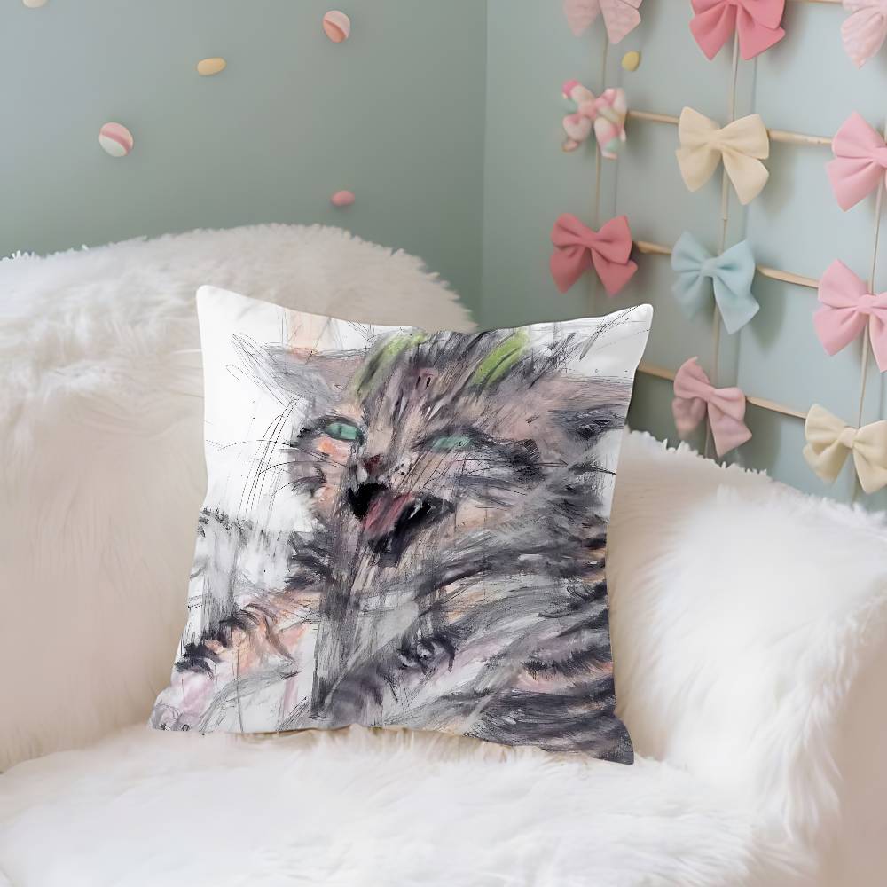 Whimsical Cat Art Case Plush Fabric Soft Pillowcase Double Sided Print Cushion Cover Household Gifts
