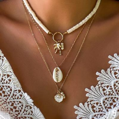 Bohemian Fashion 3Pcs Vacation Style Scallop Stacked Necklace Gifts for Men and Women Imitation Shell