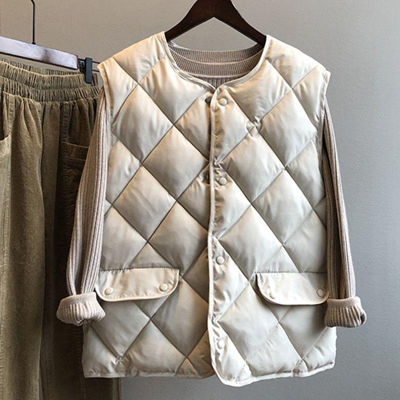 Autumn Winter Women's Quilted Cotton Vest Sleeveless O-neck Loose Padded Waistvest Single Breasted Casual Ultralight Portable Vest