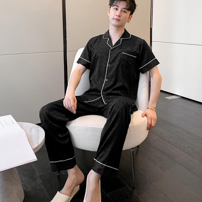 Pajamas Men's Summer Ice Silk Short Sleeve Trousers Thin Summer Loose Wear Men's Loungewear Suit