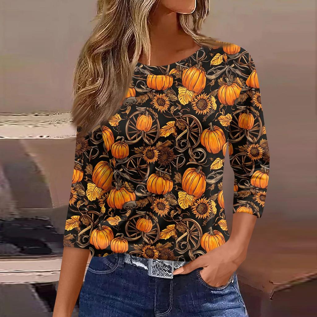 Women 3/4 Sleeve Casual Loose Fit Round Neck Shirt Halloween Bat Print Lightweight Pullover Top for Everyday Wear