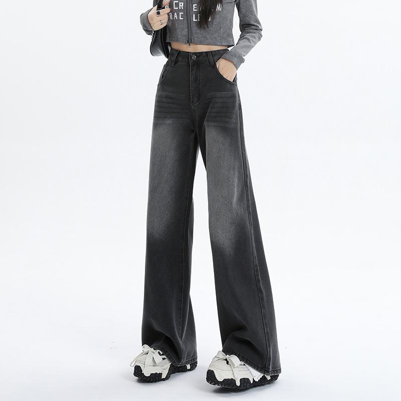 Washed Black and Gray High-waisted Wide-leg Denim Women's American High Street Loose-fitting Floor-mopping Straight-leg Pants