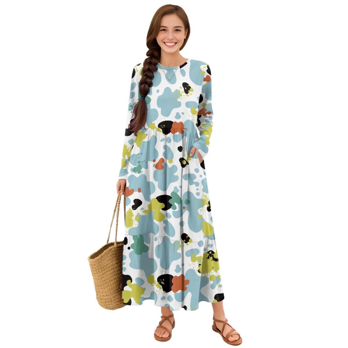 Patchwork Hem Midi Dress Women Casual Long Sleeve Loose Dress S