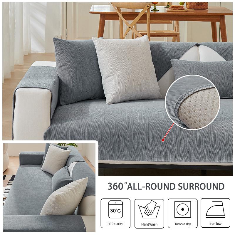 Four Seasons Universal Chenille Sofa Cover Sofa Pad Solid Color Striped Sofa Mat for Living Room Non-Slip L Shaped Couch Cushion