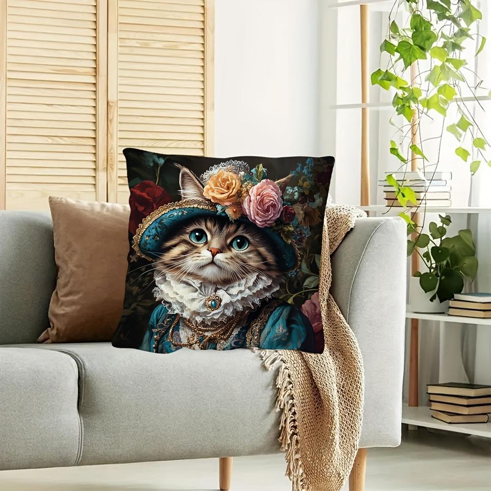 2D Flat- Vintage Royal Cat Throw Pillow Cover Victorian Floral Lady Cat Decorative Pillowcase For Sofa Bedroom Living Room