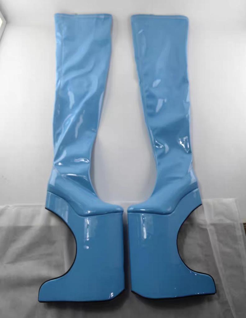 FHC 30CM Bent Heel.Women Knee High Boots,Men Fetish Bed Cosplay Shoes.Platforms Long Botas.Round Toe,Pink,Red,Custom Colors