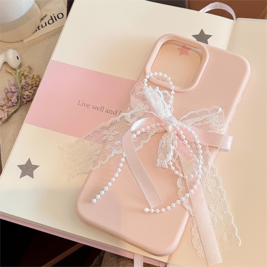 Pink Lace Pearl Knot Iphone16 Suitable for 17 IPhone Case 14pro Max Silicone 13 Three Dimensional 15