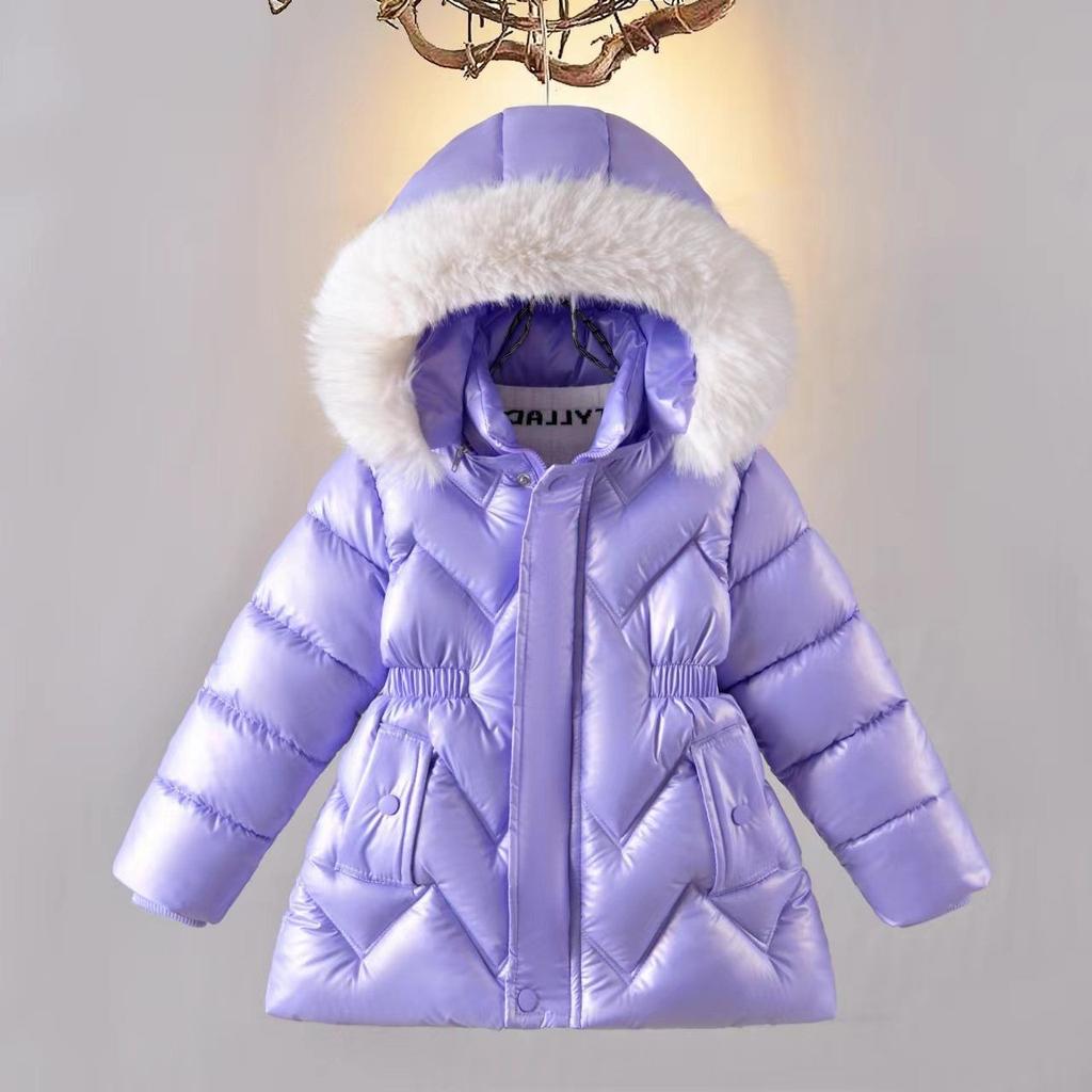 Zimní dívčí bunda Jednobarevná Podšívka Plyšová Hřejivá Lesklá Vodotěsná Parka s kapucí pro dívky 4-8 let Bavlněná Péřová Kombinéza do sněhu