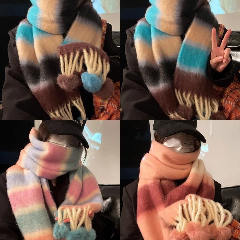 Autumn and winter dopamine striped scarf women's rainbow warm scarf pulling hair versatile fringed hairball scarf