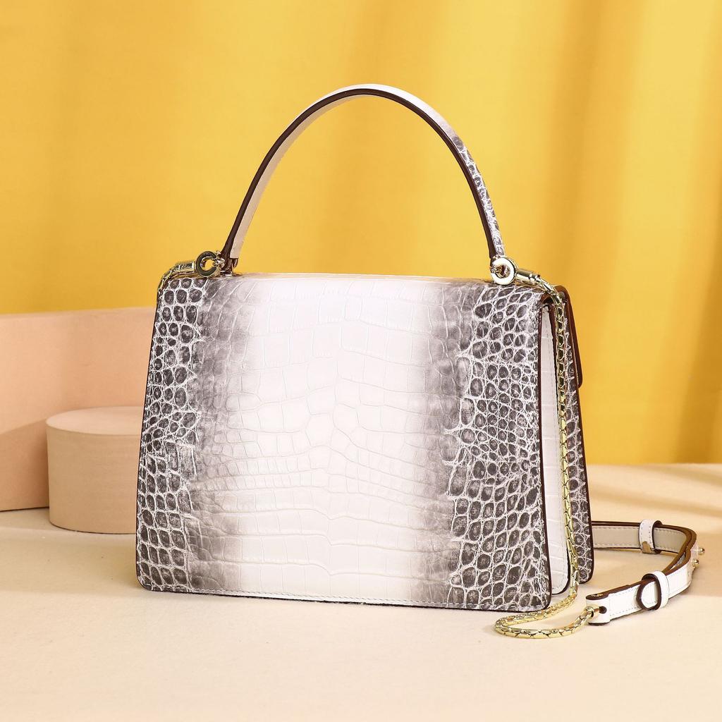 Crocodile Belly Pattern Women's Single-shoulder Crossbody Bag, Fashionable Women's Bag, Snake-head Women's Bag, White Leather Bag