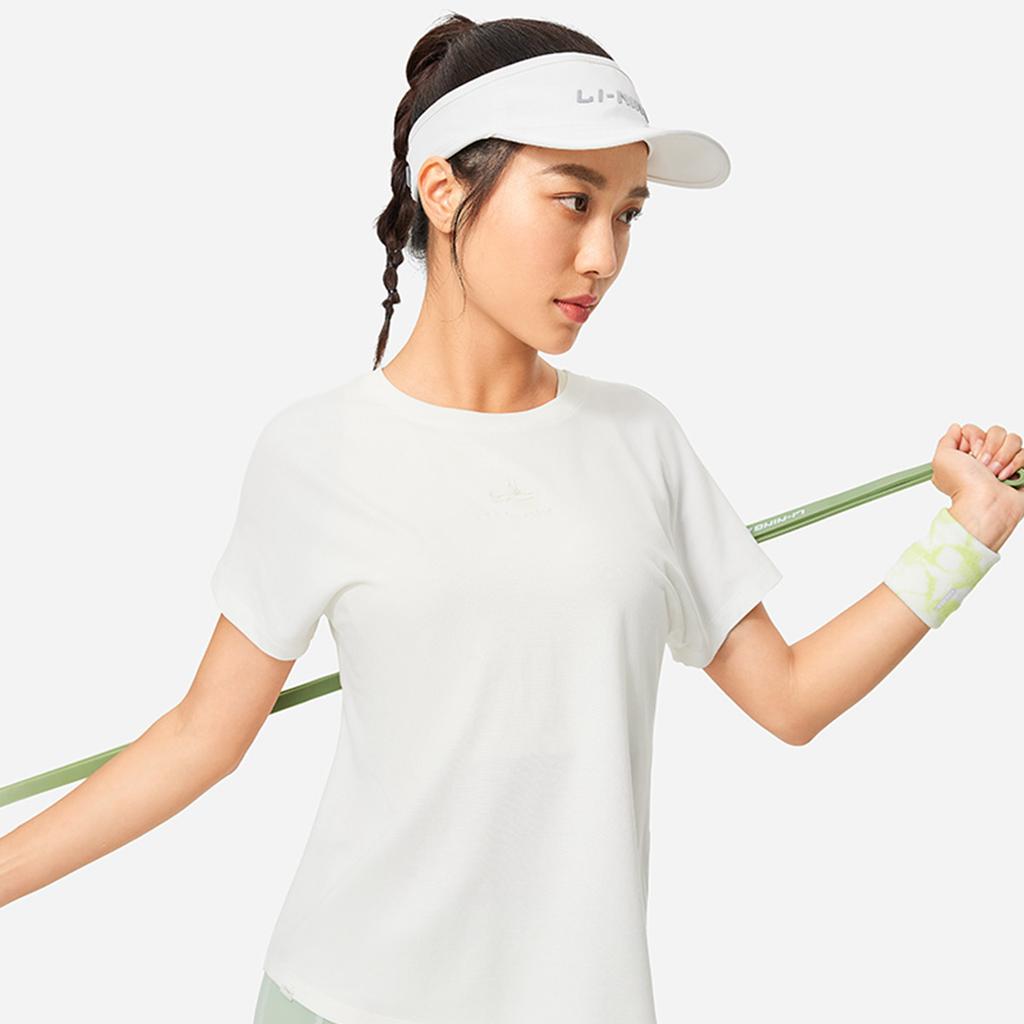 Li-Ning Bequemes Rundhals-Sport-T-Shirt mit kurzen Ärmeln, feuchtigkeitsableitend, Damen Oberteile, Cremeweiß ATSU018-1