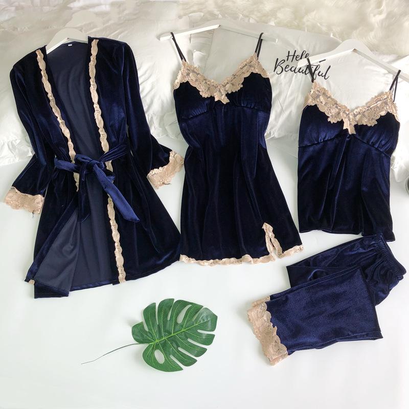 

Осенне-зимний комплект пижамы из золотого бархата для женщин, ночная рубашка на бретельках, сексуальный халат, четыре комплекта новой домашней одежды из бархата для девочек XL