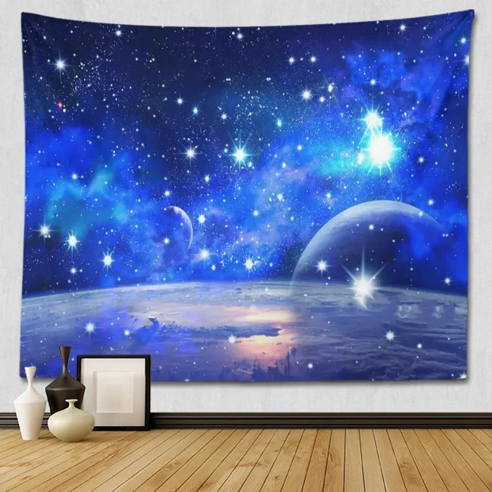 Suitable For Bedroom Wall Decoration Starry Sky Moon Tapestry Blue Starry Night Galaxy Universe Large Fabric Wall Hanging