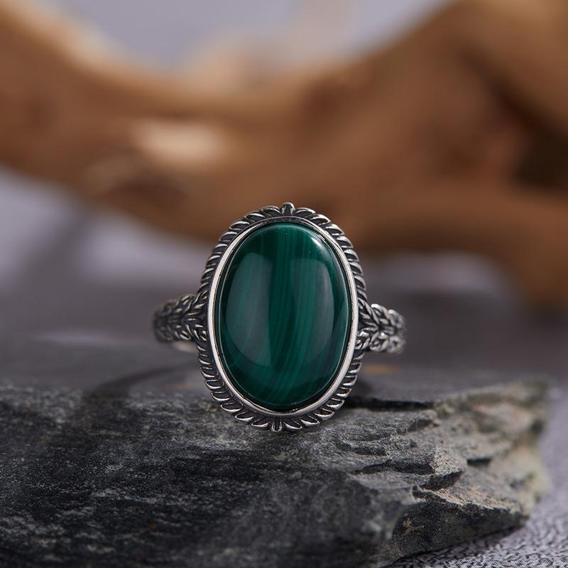 

S925 Sterling Silver Inlaid With Natural Purple Dragon Crystal Malachite Colored Treasure Ring Women S Retro Silver Pattern Light Luxury