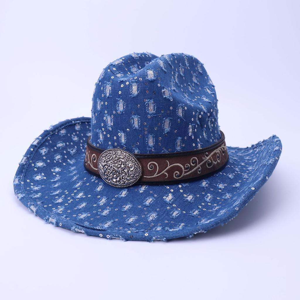 Stylish And High-Quality Old Denim Warped Edge Jazz Hat Can Be Worn In All Seasons, Men'S And Women'S Top Hats, Western Denim Hats