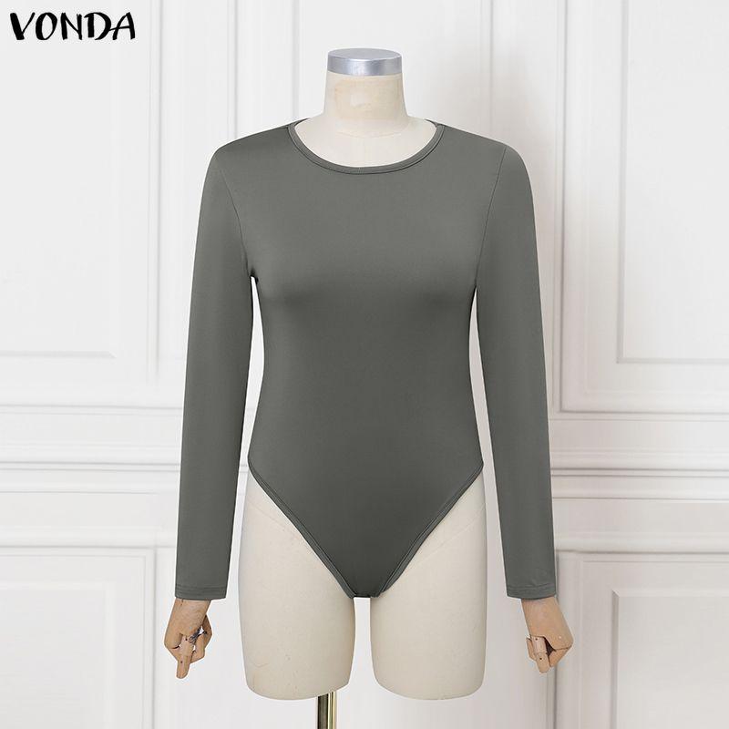 

VONDA Women Long Sleeve Solid Jumpsuits Fitted Leotard Playsuits Underwear Bodysuits 5XL серый