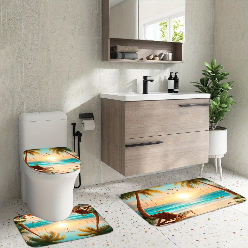 4Pcs Tropical Beach Swing Shower Curtain Set with Non-Slip Bath Mat, Toilet Lid Cover, Contour Rug & 12 Hooks, Bathroom Decor