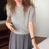 Women's High-End Soft Gray Knitwear: Bubble Sleeve Fitted Round Neck Short Sleeve Sweater for Autumn/Spring