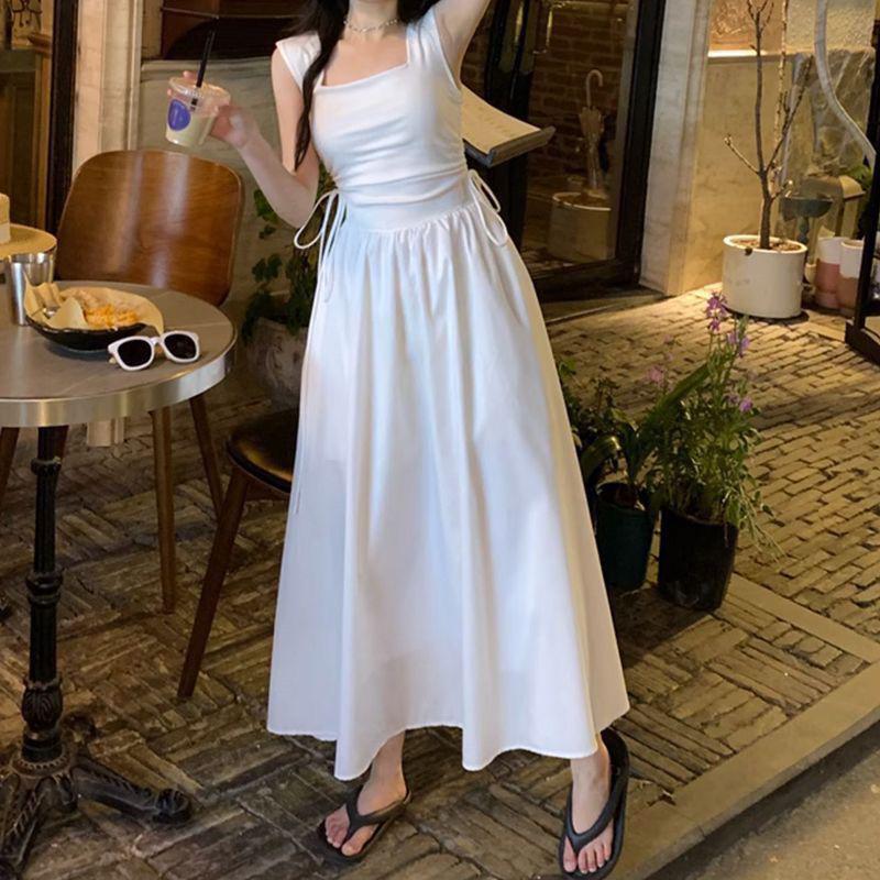 Elegant French White Sleeveless Summer Dress with Slimming Square Neck and Cinched Waist