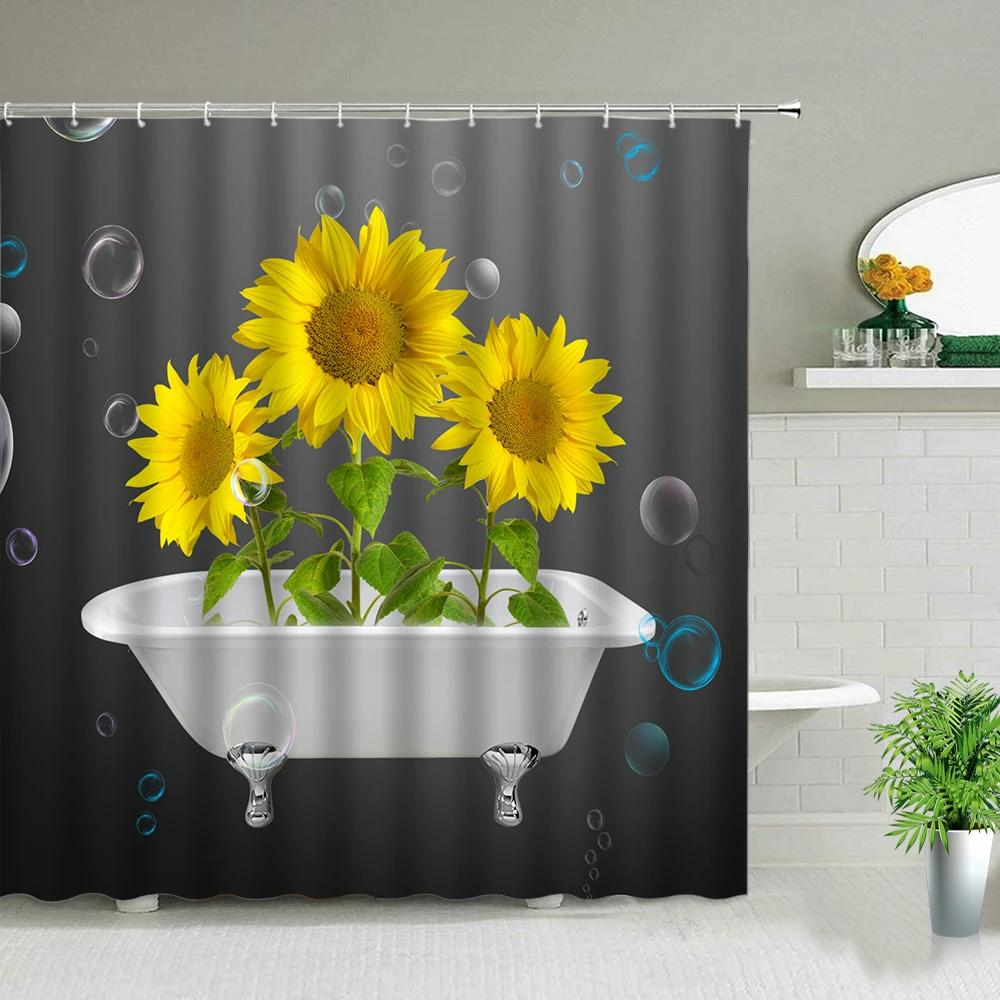 Sunflower Flower Wood Grain Plant Scenery Bathroom Shower Curtain Cactus Butterfly Bee Floral Landscape Bath Curtains With Hooks