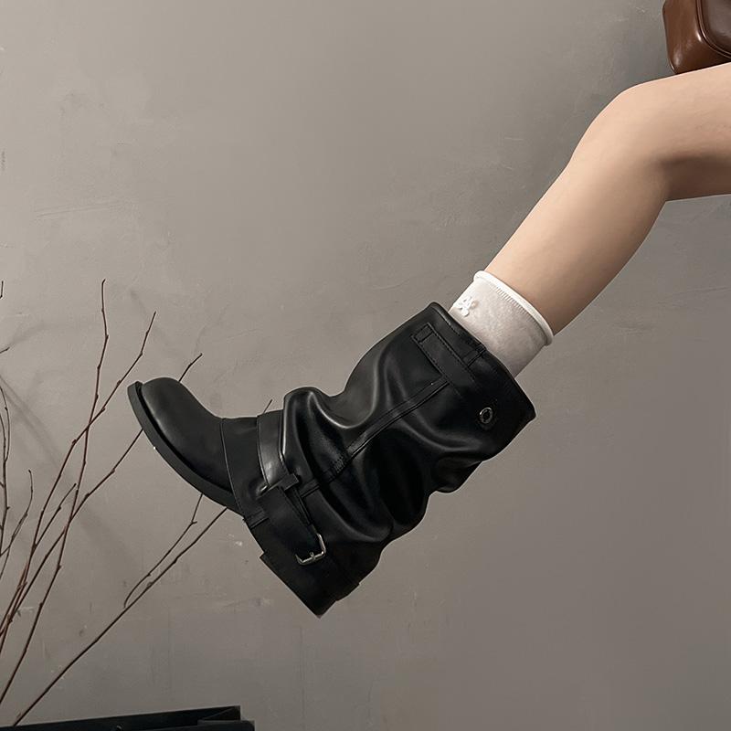 2025 autumn and winter new leather boots women's short boots round head thick heel low heel pleated pile boots western cowboy boots