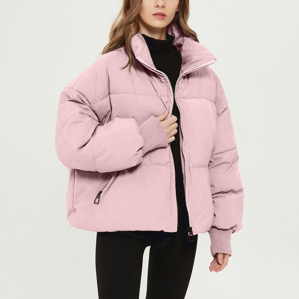 Women's Fashion Leisure Solid Color Long Sleeve Loose Stand Collar Zipper Coat Cotton Top