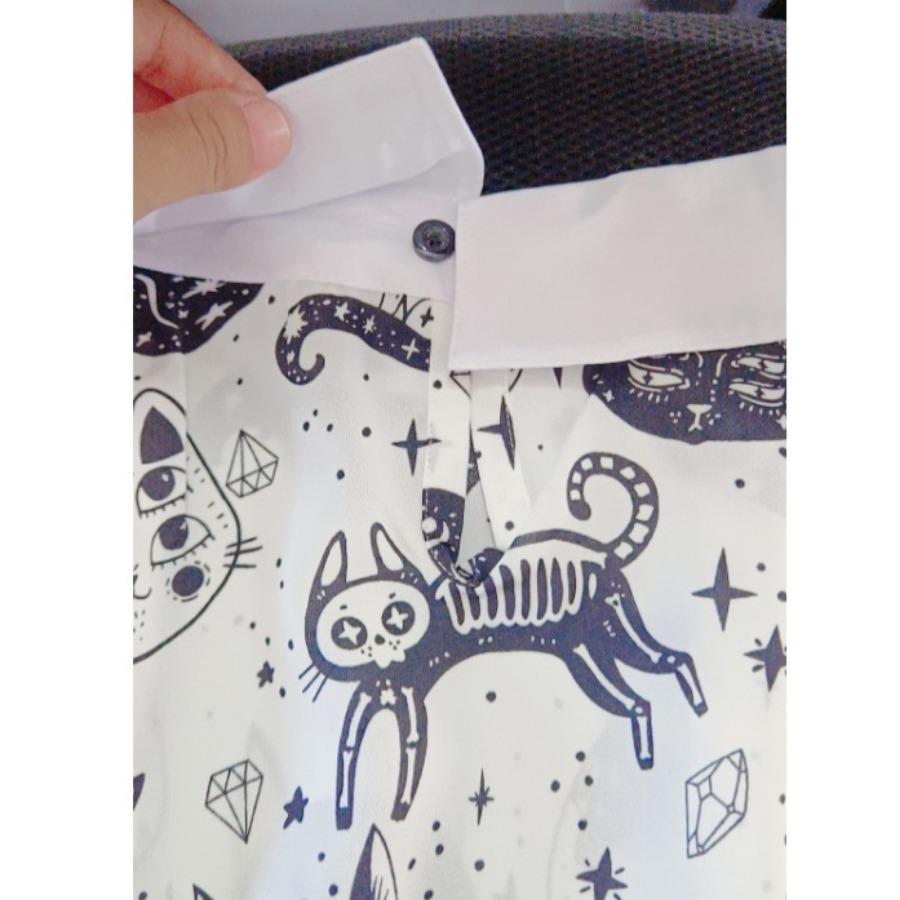 Patchwork Color Lapel Collar Blouses & Shirts White Cat Printed Tops Women’s Clearance In Stock