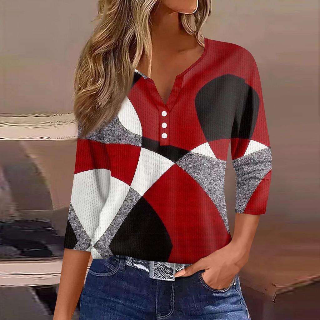 Women's T Shirt Tee Print Button 3/4 Sleeve Knit Sweater Daily Weekend Fashion Basic V- Neck Regular Top