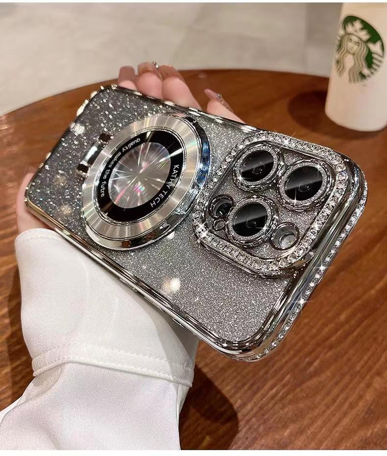 iPhone17 Luxury Electroplated Rhinestone Glitter for Apple 16Promax Mobile Phone Case Mirror Magnetic Suction Bracket 15
