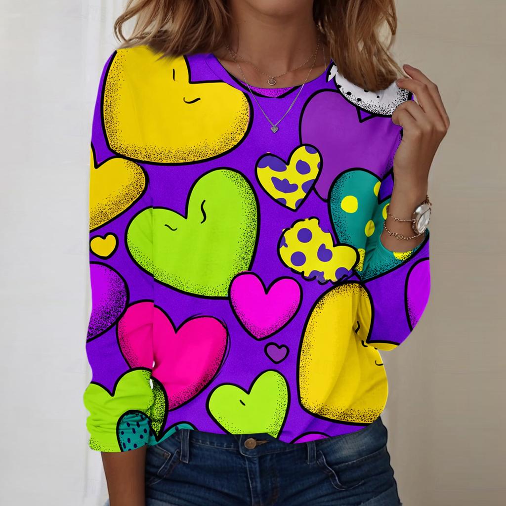 Damen Rundhals-Oberteil mit Herz-Print, locker, langärmelig