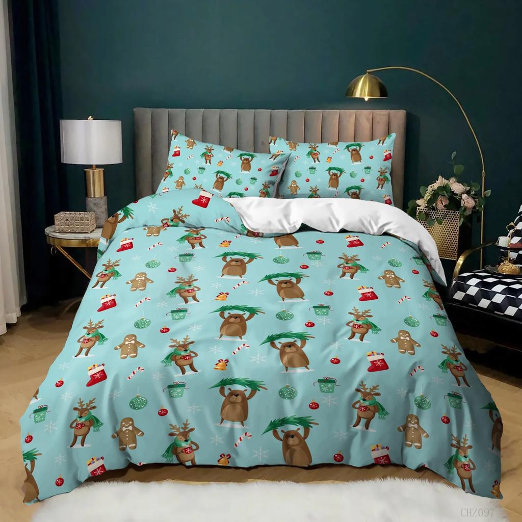 Christmas Soft Duvet Cover Carton Mery Chirstmas Santa Claus Elk Comfortable Quilt Cover Gren for Children Adult Peoples Holiday Gifts Bedrom Decor