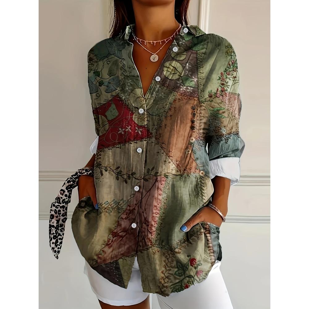 Summer Minimalist Shirt with Floral Digital Print Button Up Shirt Top for Women's Hawaiian Beach Vacation Casual Shirt