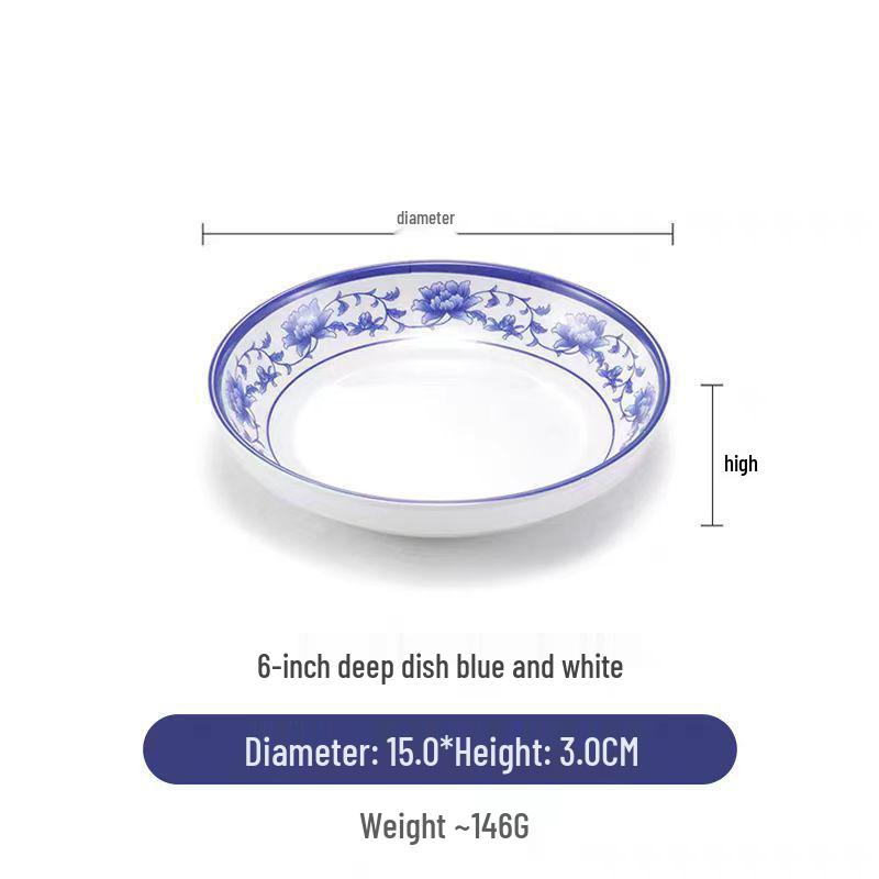 Plato redondo de melamina azul y blanca - Imitación de porcelana gruesa, ideal para salteados, arroz y uso en restaurantes.