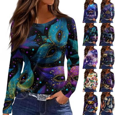 Damen Modisch Lässig Hals Langarm Saum Schlitz Karneval Print T-Shirt Top