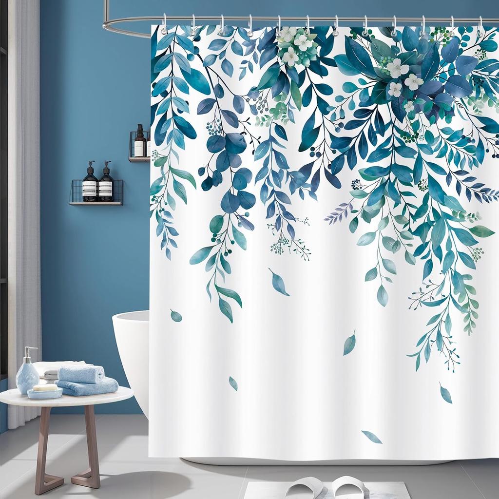 Eucalyptus Leaves Shower Curtain Teal Blue Shower Curtain Set for Bathroom Decor Botanical Plants Print for Bathroom Decor with