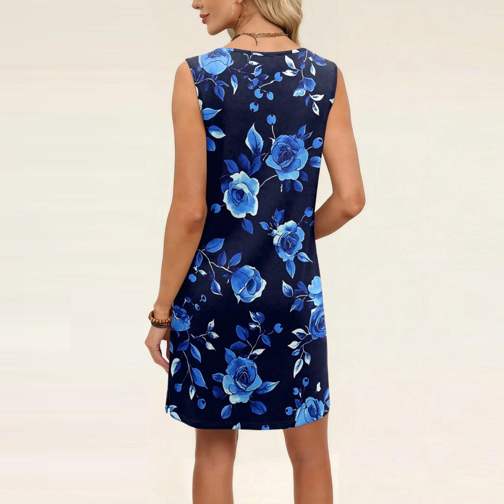 Women's Loose-Fit Casual Printed Split-Hem Sleeveless A-Line Dress